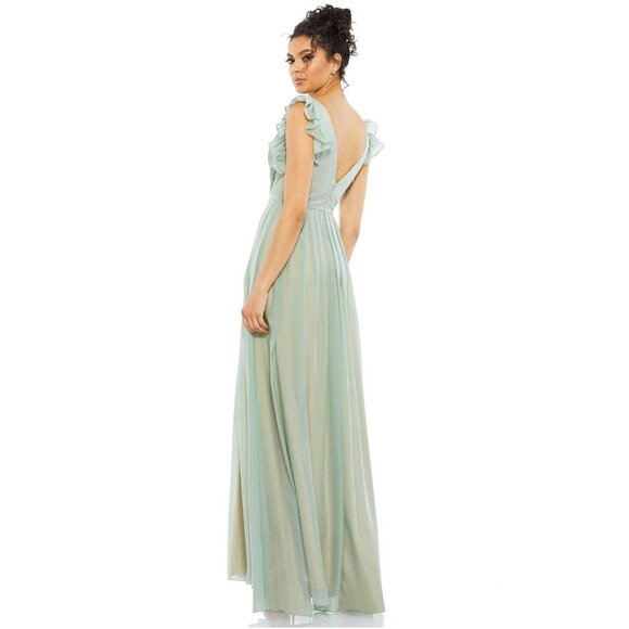 NWT Mac Duggal Green Flowy V Neck Ruffled Cap Sleeve Gown Sage 0 - Picture 4 of 8